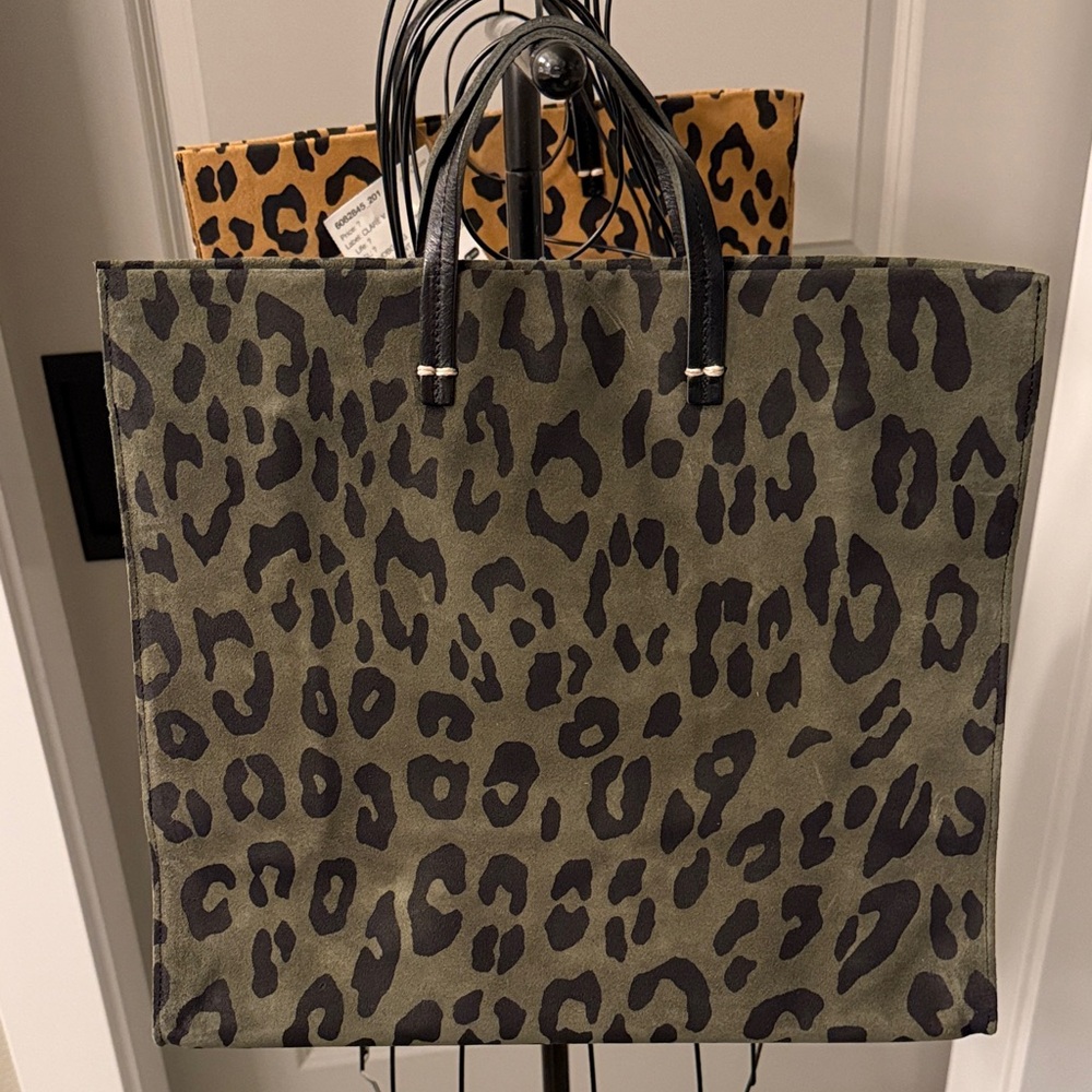 Clare V Leopard Print Simple Tote with Orange Strap